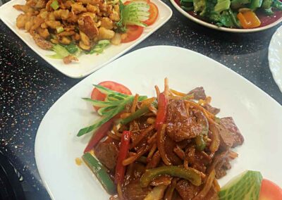 Stir fried mixed vegetable, shredded smoked chicken, roast lamb